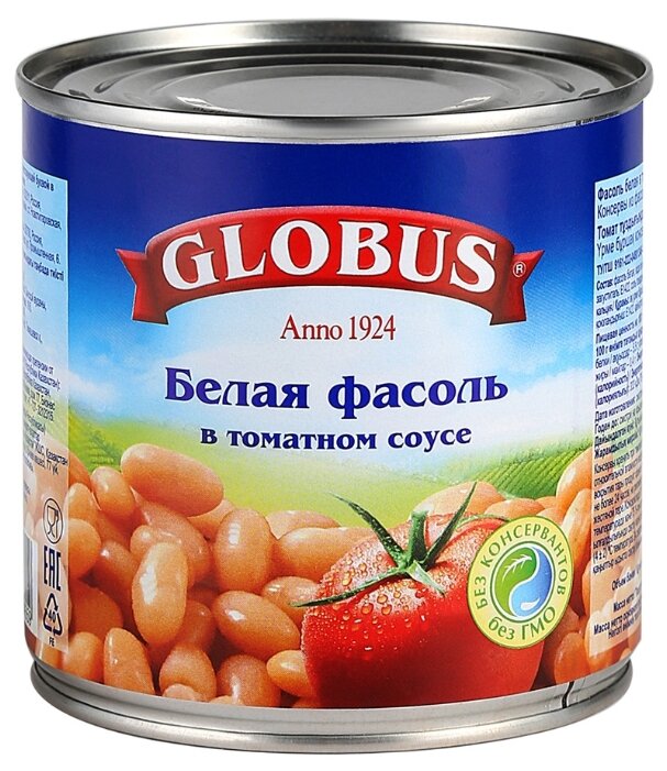 Фасоль Globus белая в томатном соусе, жестяная банка 400 г (фото modal 1)