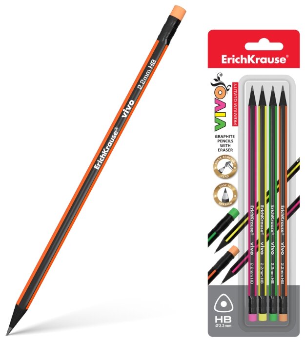 ErichKrause Набор чернографитных трехгранных карандашей с ластиком Vivo 4 шт (45624) (фото modal 1)