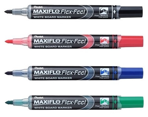 Pentel Набор маркеров для доски Maxiflo Flex Feel с магнитной губкой MWL5SBF-4N (1-5мм, 4 шт.) (фото modal 5)
