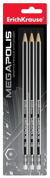 ErichKrause Набор чернографитных шестигранных карандашей с ластиком Megapolis 3 шт (44490) (фото modal 1)