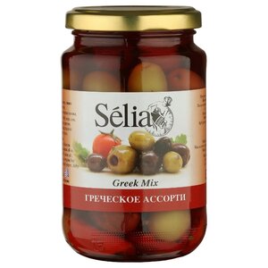 Selia Греческое ассорти из оливок с косточкой, чеснока и перца в рассоле, стеклянная банка 370 г (фото modal nav 1)