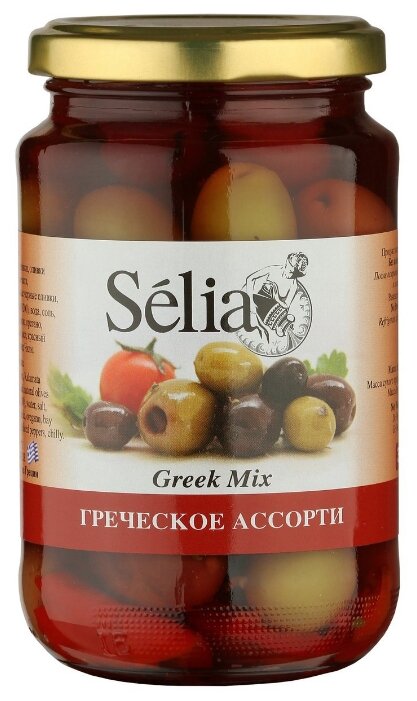 Selia Греческое ассорти из оливок с косточкой, чеснока и перца в рассоле, стеклянная банка 370 г (фото modal 1)