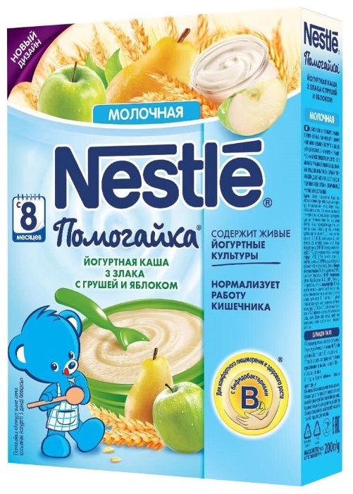 Каша Nestlé молочная Помогайка 3 злака с йогуртом, грушей и яблоком (с 8 месяцев) 200 г (фото modal 1)
