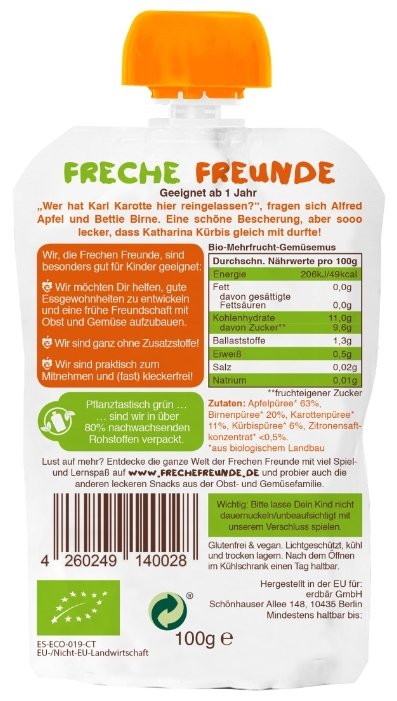 Пюре Freche Freunde тыква-груша-яблоко-морковь, (с 12 месяцев), 100 г, 1 шт. (фото modal 2)