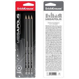 ErichKrause Набор чернографитных шестигранных карандашей с ластиком Megapolis 3 шт (44490) (фото modal nav 4)