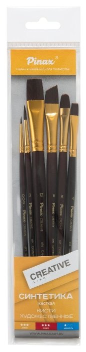 Набор кистей Pinax Creative, синтетика универсальная, с длинной ручкой, золотистая алюминиевая обойма, 6 шт. (фото modal 1)