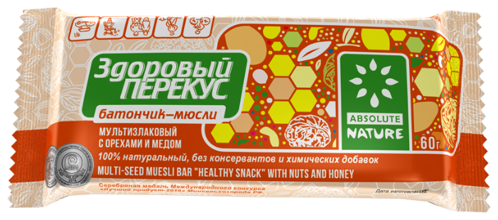 Злаковый батончик Absolute NATURE Здоровый перекус с орехами и мёдом, 60 г (фото modal 1)