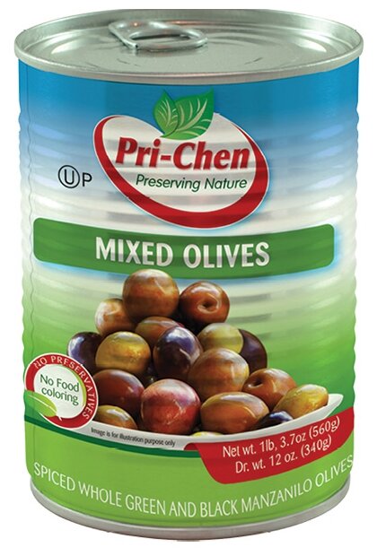 Pri-Chen Микс:оливки и маслины Мансанилья с косточкой, жестяная банка 560 г (фото modal 1)