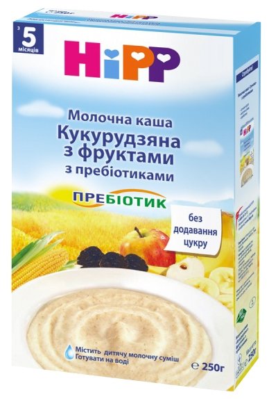 Каша HiPP молочная кукурузная с фруктами с пребиотиком (с 5 месяцев) 250 г (фото modal 1)